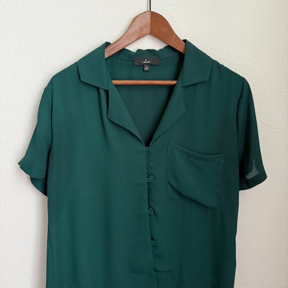 Lulus Good Luck Charm Dark Green Short Sleeve Button-up Top - Size S - Picture 2 of 5